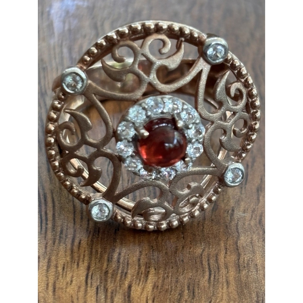 Sterling Silver Gold Tone Ornate Filigree Red Cabachon Ring Size 6.75